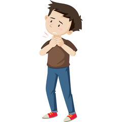 Young Boy Holding His Sore Throat In Pain With Red Irritation And Expression Of Discomfort On White Background