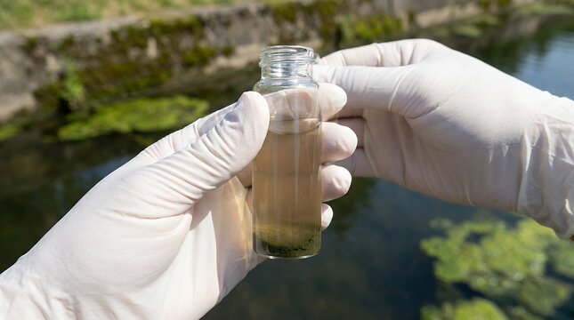 Scientist's gloved hands hold a glass vial filled with murky water containing sediment and green algae collected from a natural waterway sample collection research laboratory analysis