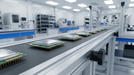 Obraz premium A clean modern assembly line with multiple computer microprocessors moving along a conveyor belt in a sterile manufacturing facility computer chip technology electronic component cleanroom