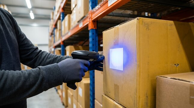 Worker wearing gloves scans a barcode on a cardboard box with a handheld scanner in a warehouse with shelves full of packages Scanning Logistics Inventory Stock Shipping Distribution