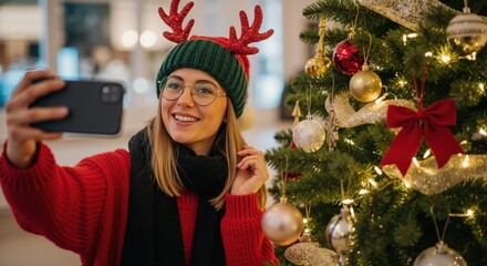 Happy young woman in festive reindeer antlers taking a selfie by a Christmas tree. Smiling person celebrating the winter holidays and New Year