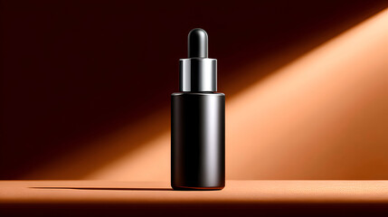 Matte black serum dropper bottle with a silver band and dark pipette, spotlit against a warm brown background.