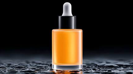 Orange serum dropper bottle with black cap and white pipette, placed on a surface covered in dark water droplets against a pitch black background.
