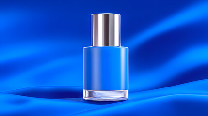 Blue nail polish bottle with a silver cap and clear glass base, placed on a wavy satin blue fabric.