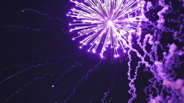 Dazzling array of purple fireworks burst in the night sky, illuminating the darkness with their vibrant colors and wisps of smoke, making them the perfect addition to any festive occasion