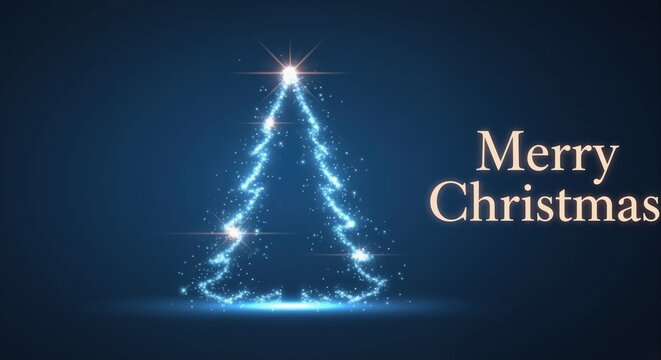 Merry Christmas greeting with a glowing abstract tree made of light particles. Festive blue holiday background for New Year celebrations. Winter season banner with copy space