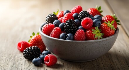 Delightful mixed berry medley in a rustic bowl on a wooden surface