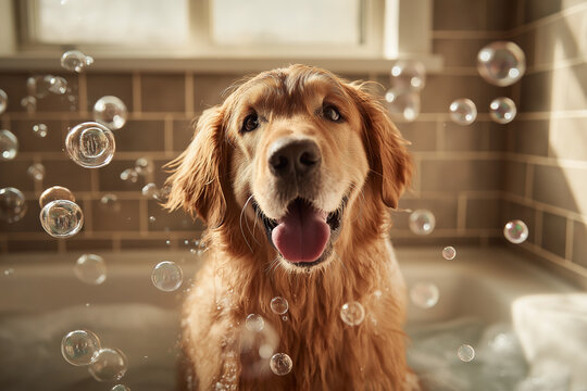 Happy golden retriever enjoys bubble bath, suitable for pet spa services, pet grooming products, or advertising dog hygiene treatments.