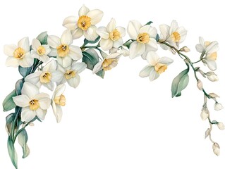 Obraz premium Watercolor painting depicts an elegant arching garland composed of white and yellow blossoms with accompanying green foliage