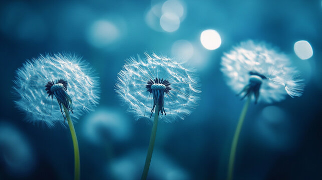 Close-up of delicate white dandelion seeds in soft focus with cyanotype blue tones creating dreamy spring aesthetic, natural texture, and ethereal botanical visual perfect for creative or nature image