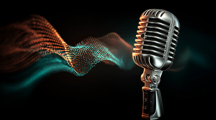 Vintage microphone with glowing data waves, perfect for podcast or technology themed designs needing a retro touch with modern elements.