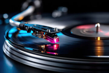 Closeup of Vinyl Record Player Needle on Spinning Record with Pink and Blue Lights