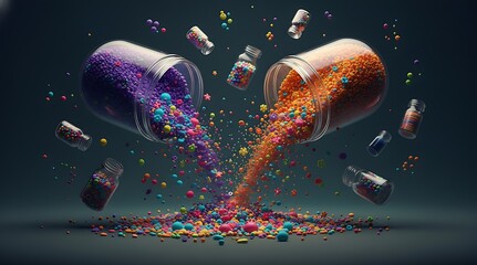 Glitter Tablet capsule inside with vitamins of various groups, fruit is useful. Generative AI technology.	