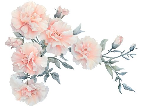 Delicate cluster of pale pink blossom forms with muted green foliage arranged diagonally