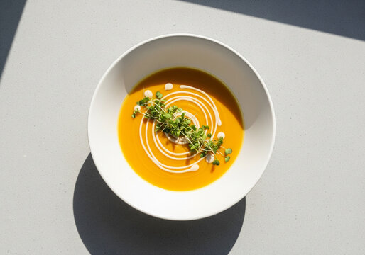 Appetizing butternut squash soup with delicate cream and green garnish. - Powered by Adobe