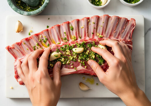Hands preparing rack of lamb with garlic and herbs on white cutting board - Powered by Adobe