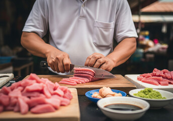 Chef's hands expertly slicing fresh raw tuna for sashimi preparation at a market stall