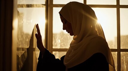 A silhouette of a woman wearing a headscarf standing near a window with sunlight streaming in, creating a warm and peaceful atmosphere indoors during sunset or sunrise - Powered by Adobe