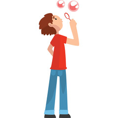 Young person in a red t-shirt and blue jeans blowing pink bubbles against a clean white background with a playful expression
