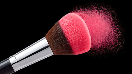 Makeup brush with bright pink synthetic bristles flicking a cloud of pink powder against a solid black background.