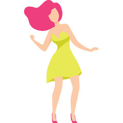 Young Woman With Bright Pink Hair Dancing In A Yellow Strapless Dress And Pink Heels On A Transparent Background