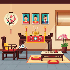 Fototapeta premium A Tranquil Vietnamese Home Interior with Ancestral Shrine and Cultural Accents