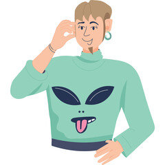 Young Man With Light Brown Hair And Beard Wearing A Teal Turtleneck Sweater With An Alien Face Design And A Blue Earring Making A Silly Face Against A Transparent Background