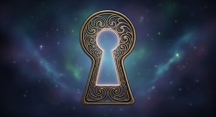 Celestial entryway, ornate keyhole on starry space background graphic