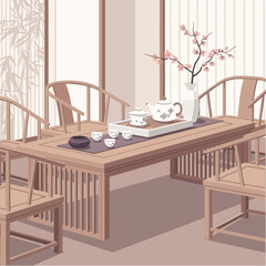 Serene traditional chinese tea ceremony setup with blossom branch decoration