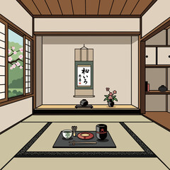 Serene japanese tea room interior with traditional tatami mats and tea set