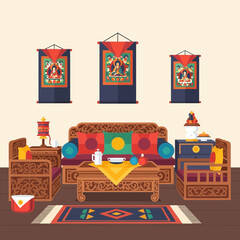 Stylized Tibetan Interior with Thangkas and Ornate Furniture Design