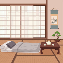 Serene Japanese-style Room with Tatami Mat, Futon, and Tea Setting Scene