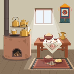 Traditional Central Asian Kitchen Interior with Stove and Food Arrangement