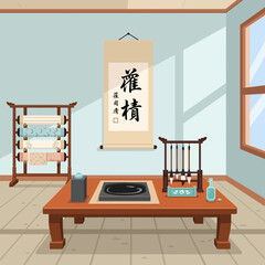 Traditional asian room with calligraphy tools and interior decorations
