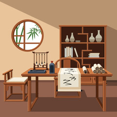 Traditional Chinese calligraphy studio interior illustration art design