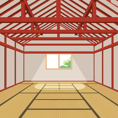 Traditional tatami room with red wood architecture and serene nature view