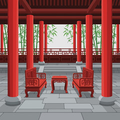 Tranquil Asian Courtyard with Bamboo, Pillars and Traditional Seating Area