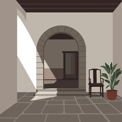 Tranquil courtyard scenery with soft light and simple design elements