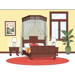 Tranquil cartoon bedroom scene with traditional chinese style details