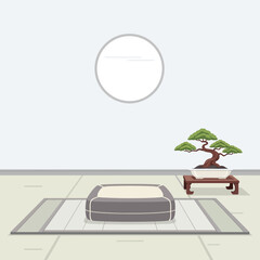 Tranquil Interior Scene with Bonsai Tree, Meditation Cushion and Subtle Details