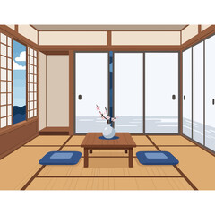 Tranquil Japanese interior featuring Tatami mats and Shoji screen doors