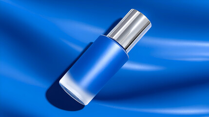 Frosted blue glass bottle with a silver cap and opaque liquid, tilted on a wavy satin blue background.