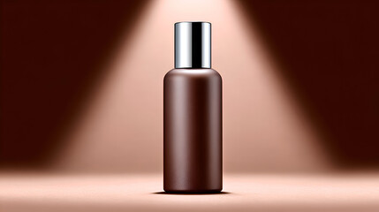 Tall brown cylindrical bottle with a silver cap illuminated by a strong central spotlight against a warm copper background.