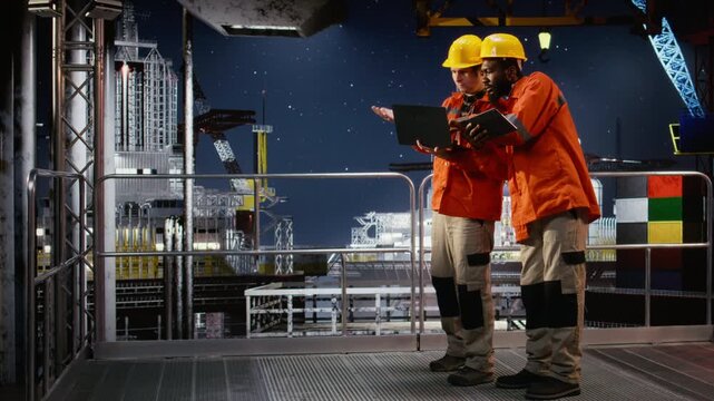 Engineers assess natural gas extraction data on oil drilling platform, ensuring efficient petroleum extraction within the oil and gas industry. Environmental officer at the refinery. Camera A.