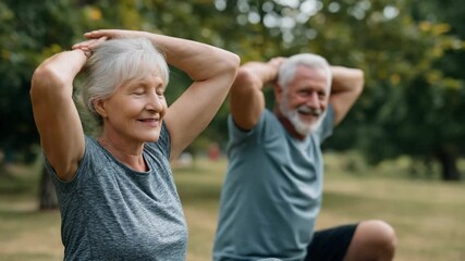 Generative AI. Senior couple exercising outdoors, performing stretching routines in a park, surrounded by greenery, promoting health and wellness in later life with joyful expressions - Powered by Adobe