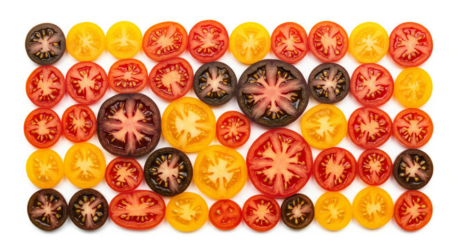 Rainbow of fresh sliced tomatoes in a neat gradient on a bright white background - Powered by Adobe