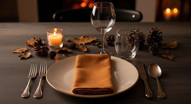 Elegant holiday place setting with warm, inviting ambiance and natural decor