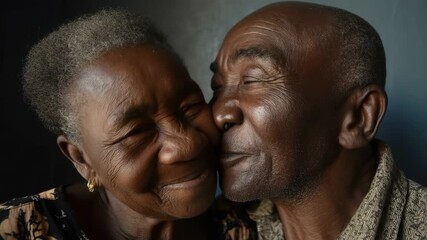 Generative AI. African Americans Elderly couple sharing joyful moment, smiling and embracing each other, showcasing love and affection in a warm, intimate setting filled with happiness and connection