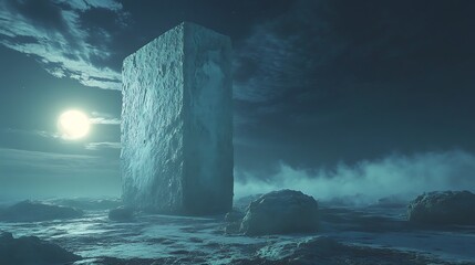 Mysterious monolith under moonlit sky on alien planet landscape, evoking wonder and the unknown, perfect for sci-fi concepts or atmospheric visuals