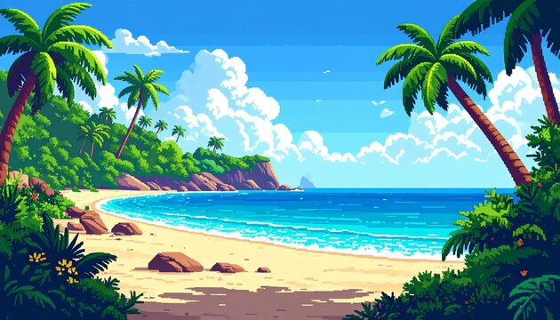 Landscape 8bit pixel art. Summer natural landscape. Summer ocean beach, scenery arcad